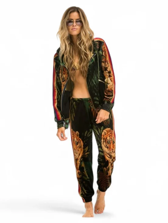 Aviator Nation Tiger Jungle Velvet Track Suit Rainbow Stripe Top XL Pant L F390 - Picture 2 of 14